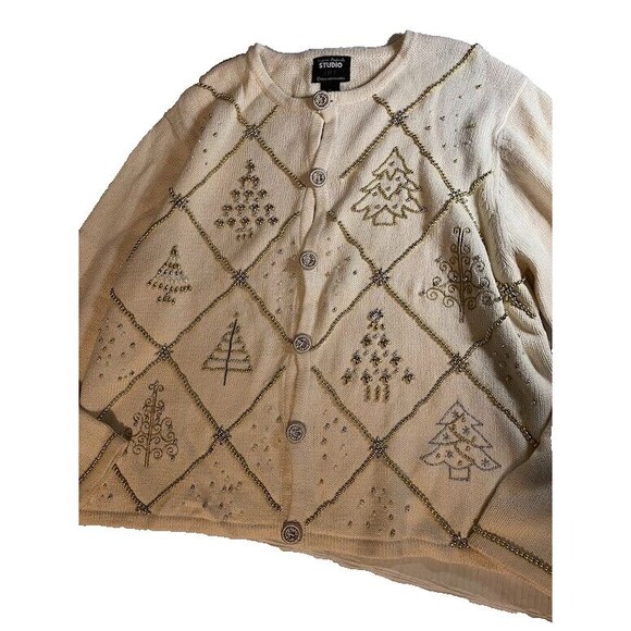 Designers Original Sweater XL Cream Beaded Embroidered Christmas Grandmacore - Picture 3 of 8
